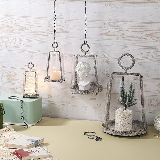 9" Wide Modern Farmhouse Metal Hurricane Candle Holder with Handmade Sturdy Glass Sleeve in Rustic Black for Pillar Candle & Plants, Glass Hurricane Lantern, Industrial, Minimalistic