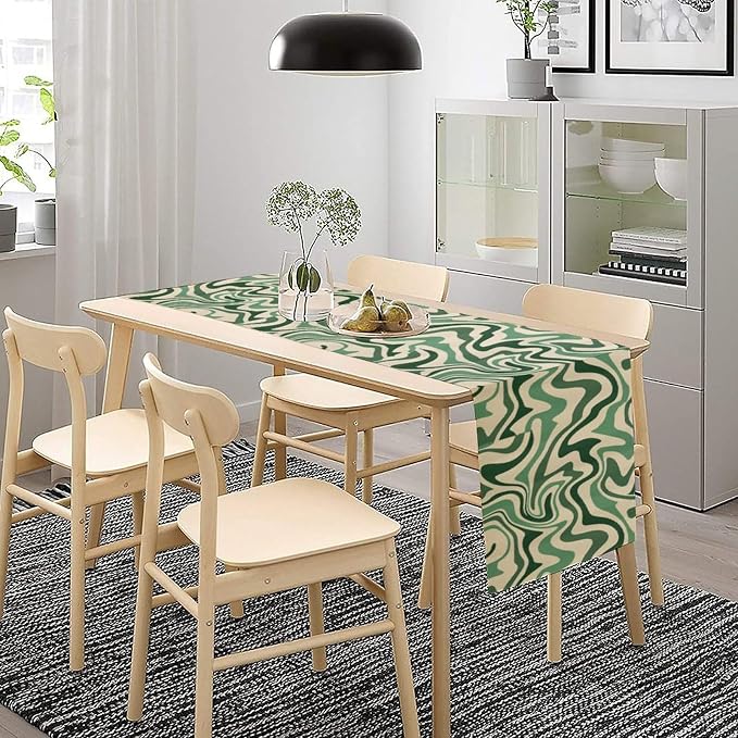 Retro 70s Groovy Table Runner,Vintage Abstract Modern Art Green Boho Spiral Swirl Waves Farmhouse Country Dinner Runner for Home Kitchen Dining Table Party Holiday Decor 13"x60"