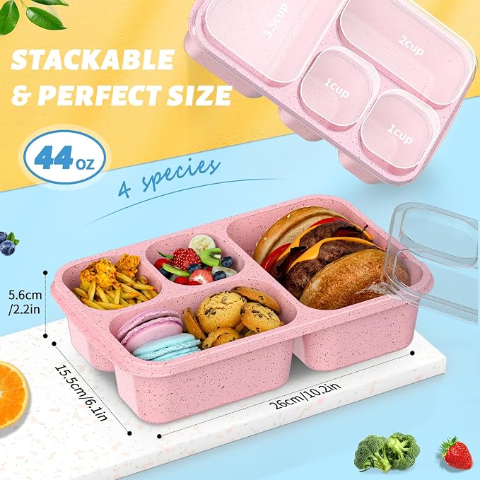 Bento Box 4-Pack 5-Compartment Meal Prep Containers, BPA-Free Plastic, Stackable Food Storage Lunch Boxes for Adults and Kids, School Work Travel (Pink)