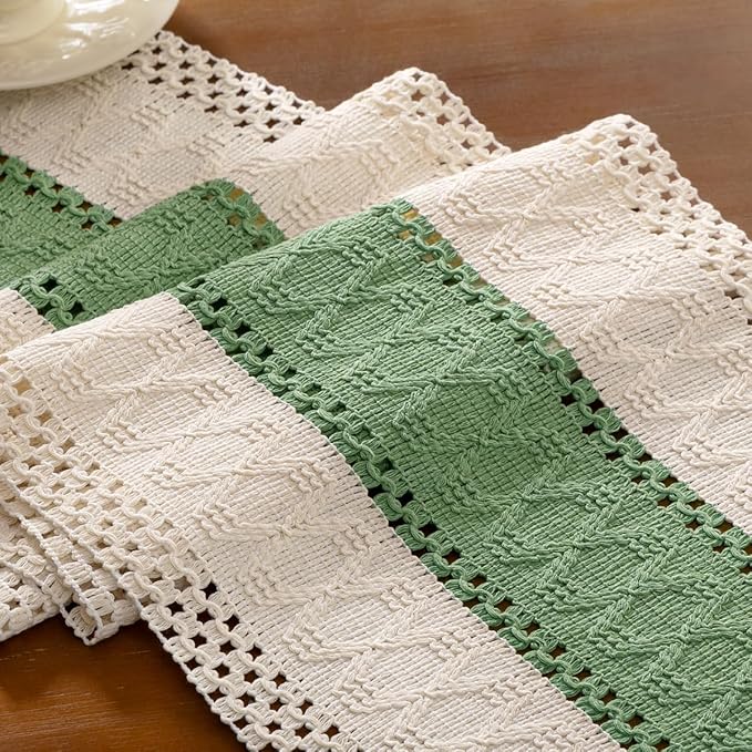 Boho Woven Cotton Linen Table Runner Sage & Ivory 11"x48" with Tassels Rustic Macrame Farmhouse Table Runner Summer Decor for Dining Room Wedding Kitchen Party