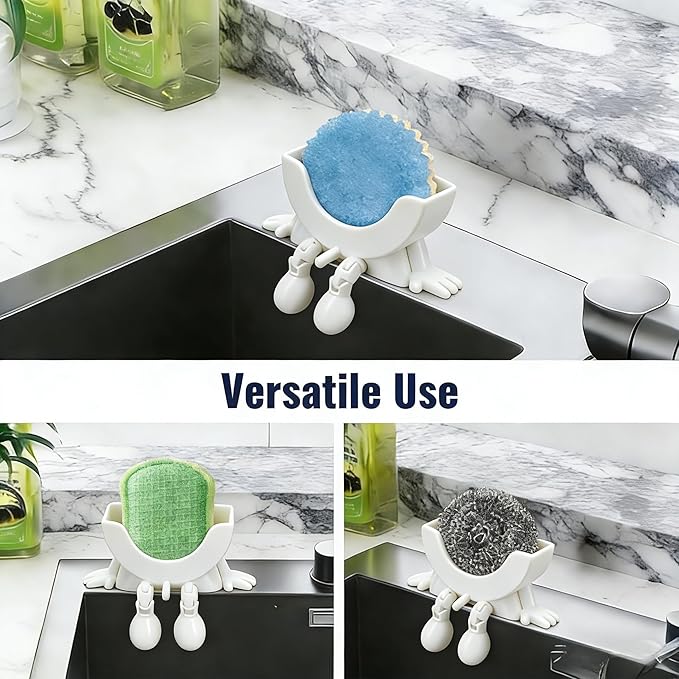 Cute Hanging Sponge Holder with Drainage,3D Printed Kitchen Funny Sponge Stand for Sink,with non-slip pads,Suitable for Scrub Daddy Holder,Keeps Your Sponge Dry Smiling (White)
