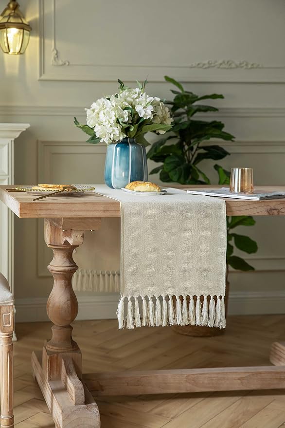 ZeeMart Cream Table Runners 48 Inches Long, Burlap Linen Style Rustic Farmhouse Table Runner, Small Short Boho Coffee Table Runner, 13x48 Inches, Cream