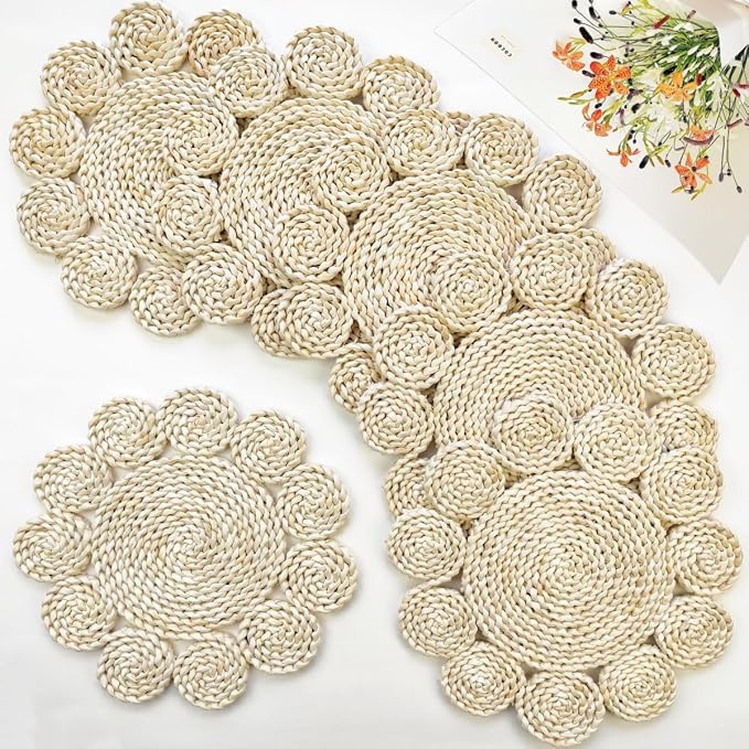 IcosaMro 13.8" Boho Placemats Set of 6 Round Woven Placemats Natural Table Place Mats for Dinning Table Indoor & Outdoor Wicker Wicker Charger Plates for Wedding Christmas Thanksgiving Events