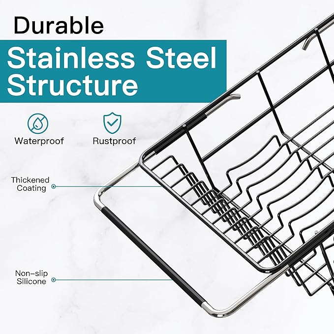 Black Dish Drying Rack Over the Sink In Stainless Steel Expandable Drainer for Small Kitchen, Counter Space Saving Compact Inside Sink Plate Dryer, Adjustable Hanging Metal Wire Strainer Drain Holder