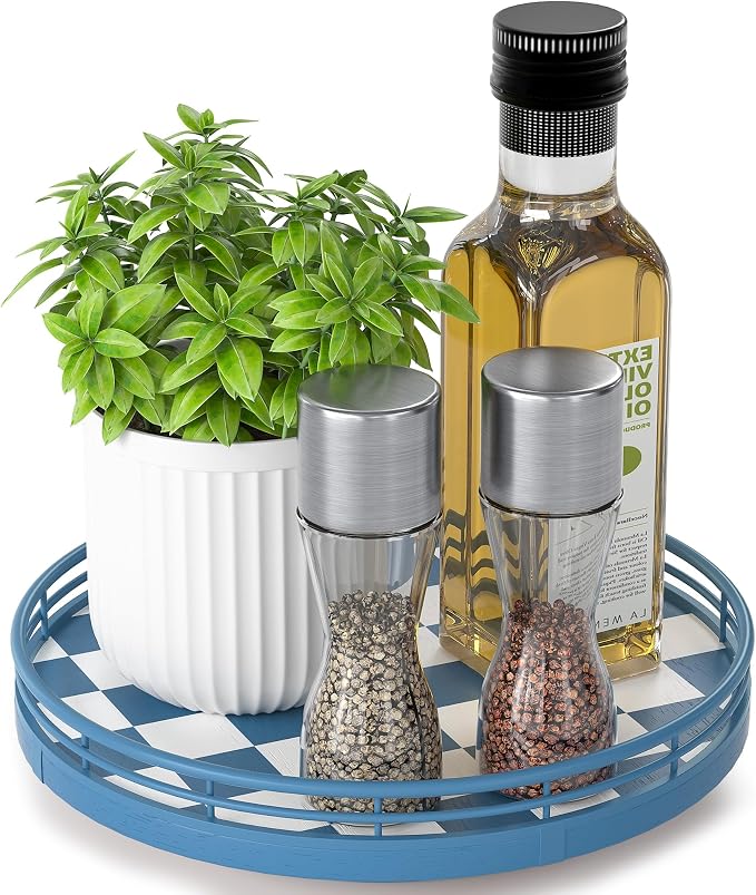 Premium Rubber Wood Lazy Susan Turntable, Blue White Checkerboard Decorative Serving Tray, Hand-Welded Metal Railing, Stable Rotating Organizer for Dining Table, Kitchen Counter, Coffee Table Decor