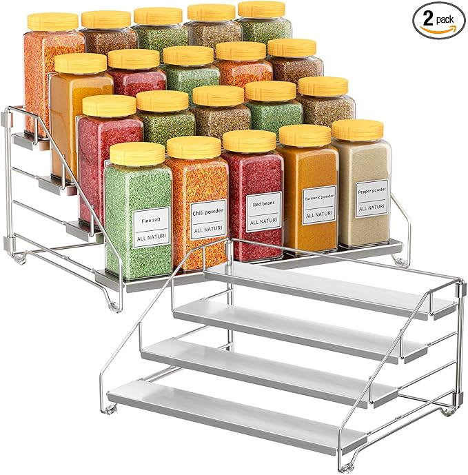 RCHYFEED 2 Pack 4 Tier Adjustable Spice Rack Organizer, Foldable Chrome Vertical Spice Organizer for Cabinet & Countertop, Space Saving Storage Shelf for Kitchen Pantry Bathroom