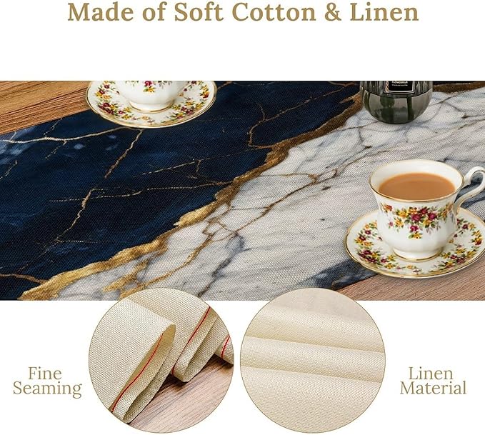 Marble Table Runner, Abstract Navy Blue White and Gold Modern Luxury Texture Printed Linen Table Runners for Living Room Kitchen Dining Room Party Holiday Home Decor 13" W x 72" L