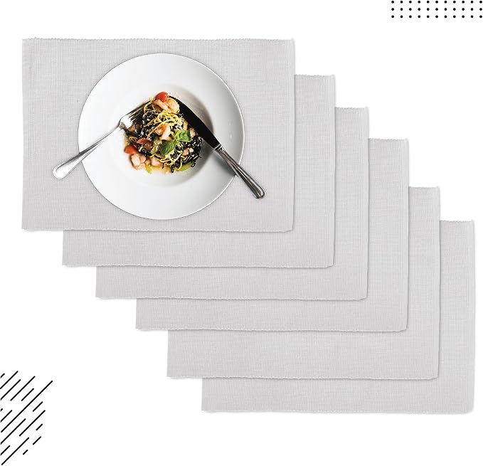 Encasa XO Dining Placemat Set of 6 | Light Grey Color | Fine Ribbed Cotton Table mat | Size 19x13 in | Machine Washable