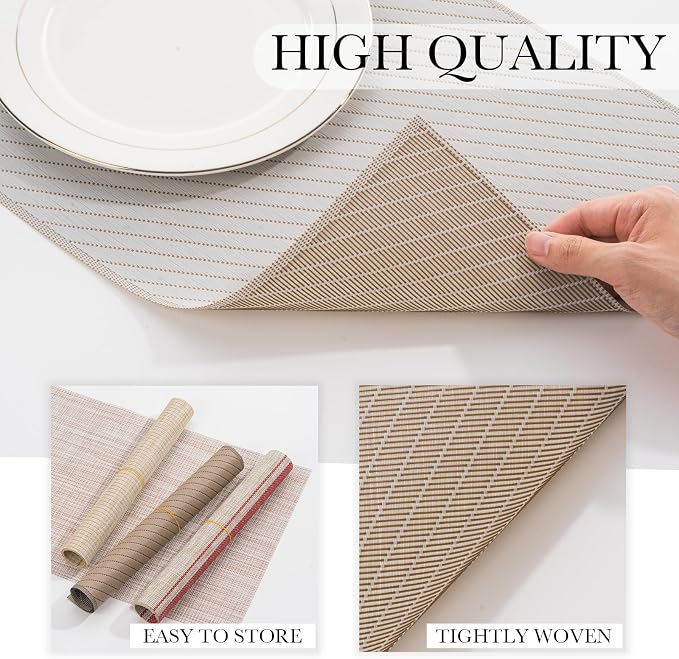 BACKTOEDEN Placemats Set of 6 Heat Resistant Washable Wipeable Placemat Woven Non-Slip Foldable Vinyl/Plastic Place Mats Indoor/Outdoor Mat Kitchen Dining Table Pad, Light Gray Twill