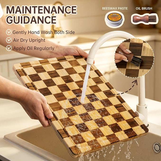 THETCHRY Bamboo Cutting Board Set, Checkered Wood Cutting Boards for Kitchen with Juice Groove, Non Toxic Wooden Charcuterie Boards, Non Slip Chopping Board for Meat Fruit Cheese, Housewarming Gift