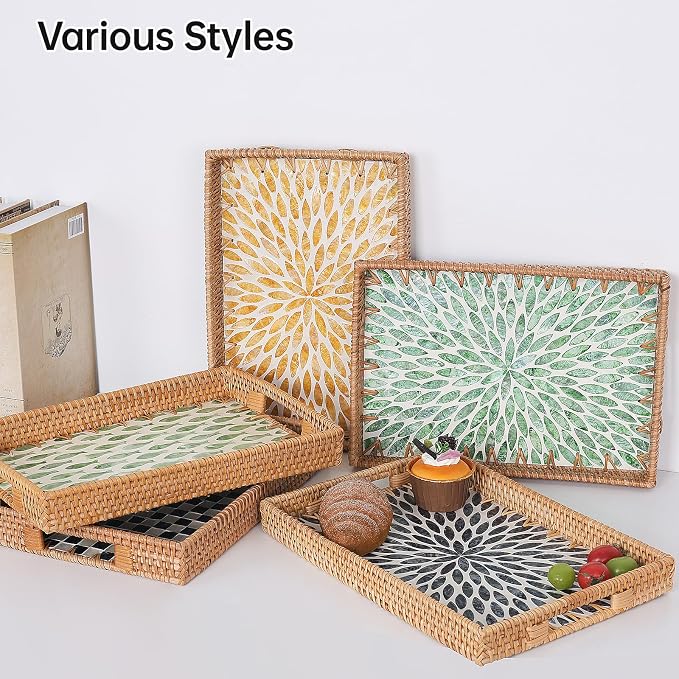 Rectangle Rattan Tray with Mother of Pearl Inlay, Rattan Serving Tray with Handle for Coffee, Bread, Fruits, Snacks, Decorative Wicker Tray for Table Decor (Rectangle Black Leaf, 13"×9")