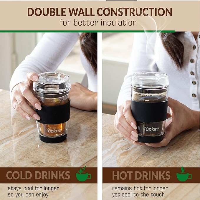 Double Wall All Glass Tumbler - 8-Ounce, Reusable Insulated Tea/Coffee Mug & Lid, Hand Blown Glass Travel Mug - Black - 2 Pack
