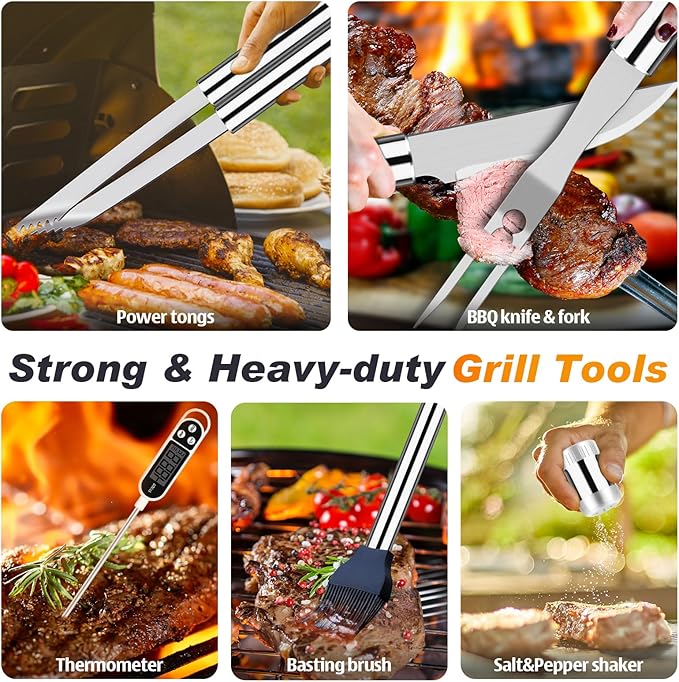 ROMANTICIST 26pcs Grilling Gifts for Men, Dad Gifts for Father's Day, Stainless Steel BBQ Grill Accessories Tools Set, Heavy Duty BBQ Utensils Kit with Apron, Thermometer, Mats in Aluminum Case Silver
