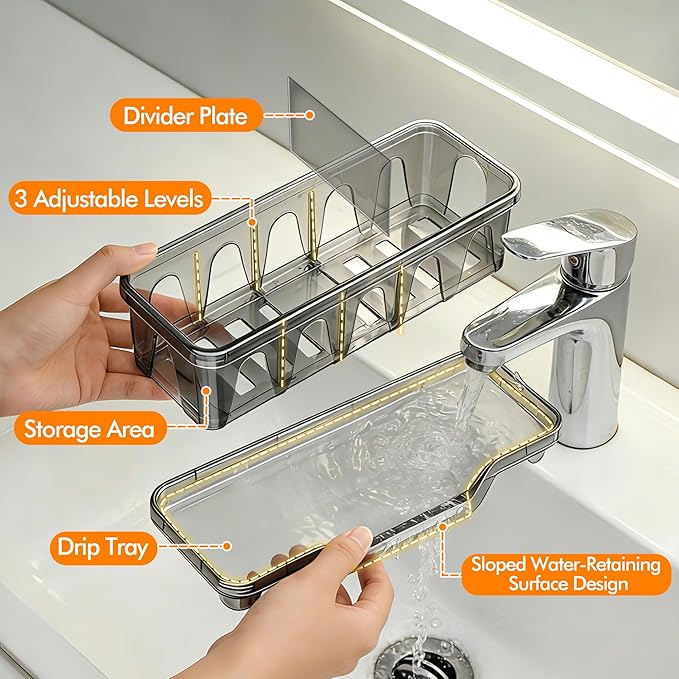 Kitchen Sink Sponge Holder, Sink Caddy Organizer with Compartments, Self-Draining and Easy-Clean Design, Sink Caddy for Kitchen Sink, Bathroom, Vanity, Countertop Storage, Kitchen Sink Caddy Organizer