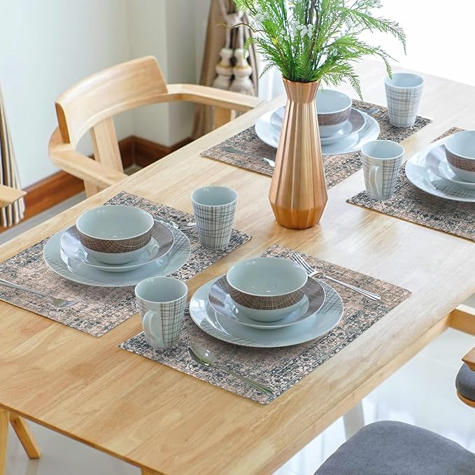 Grey Brown Ethnic Boho Placemats Set of 4 Bohemian Carpet Vintage Gray Linen Washable Kitchen Dining Table Mats Stain Heat-Resistant Desktop Decor Place Mats for Home Party Indoor 12x18 in