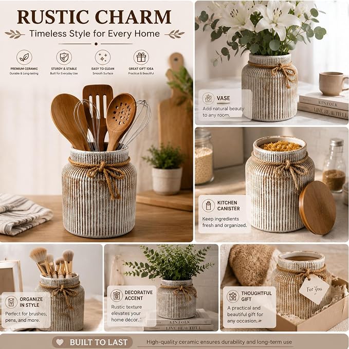 Farmhouse Ceramic Kitchen Utensil Holder for Countertop,Retro Country-Style Vertical-Striped Hemp Rope Design,Modern Kitchen Counter Organizer for Cooking Utensils ,Kitchen Decor & Decorative Vase