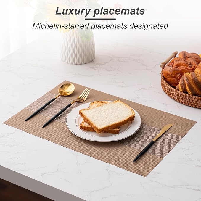 CADONO Placemats Set of 6 Washable Indoor/Outdoor Vinyl Place Mats for Dining Table Durable Non-Slip Heat Resistant PVC Weave Table Mats（Classical Style-Coffee-Colored）