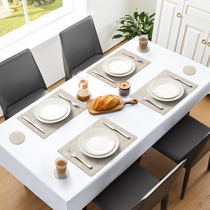 MOSAYT Placemats Set of 4, Heat Resistant Vinyl Place Mats with Coasters, 100% Waterproof Wipeable & Washable Faux Leather Table Mats for Kitchen Dining Party Indoor Outdoor, 12" x 17", Beige