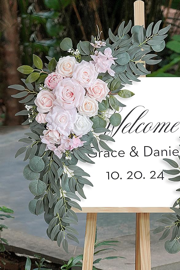 Olalaka Pink Wedding Arch Flowers Set of 2 for Wedding Welcome Signs, Artificial Wedding Flowers for Wedding Ceremony Outside(Pink & Ivory)