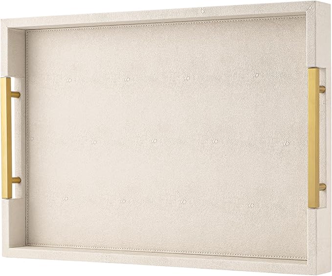 Beige Faux Leather Serving Tray with Handles – Large Decorative Tray for Coffee Table, Ottoman, Living Room, Bathroom – Home Decor