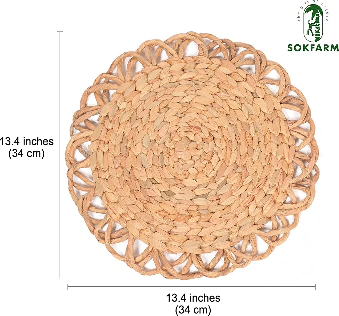Round Woven Placemats Set of 4, Water Hyacinth Round Placemats, Plate Chargers for Dinner Plates, Individuales para Mesa De Comedor, Thanksgiving Christmas Rattan Charger Plates 13.4 in