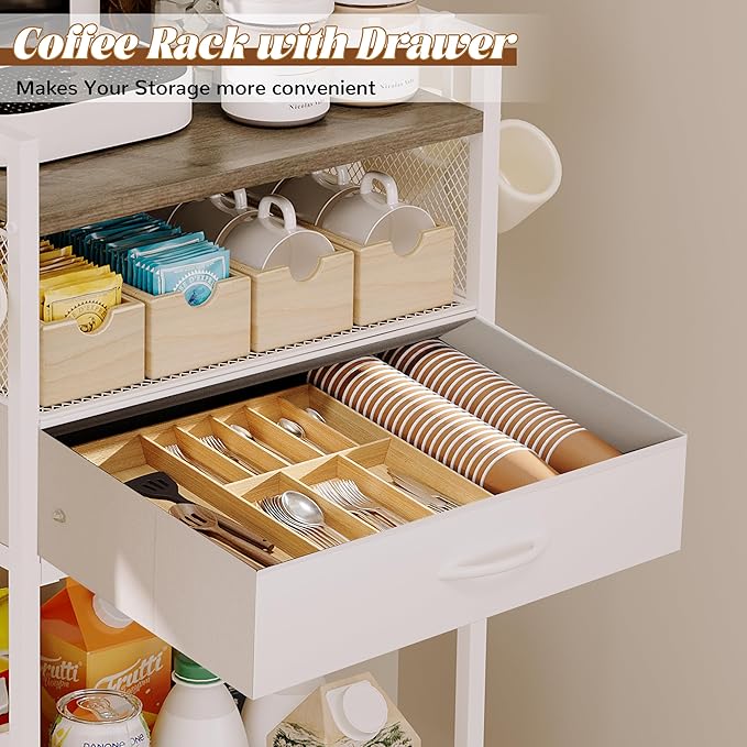 Small White Coffee Bar Cart with Drawer Storage,Office Coffee Bar Station Mug Cup Holder Stand, 3-Tier Coffee Table for Home Buffets & Sideboards for Kichen, Entryway, Living Room