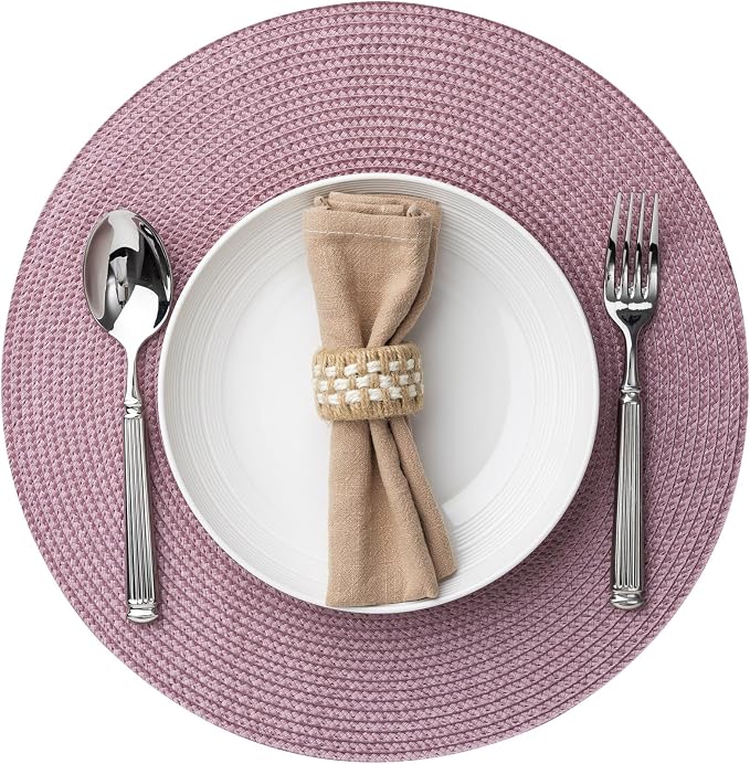 Baroyal Round Placemats Set of 4 Plastic Woven Placemats Washable Wipeable Table Mats for Dining Table Heat Resistant Non-Slip Circle Place Mats (Lilac)