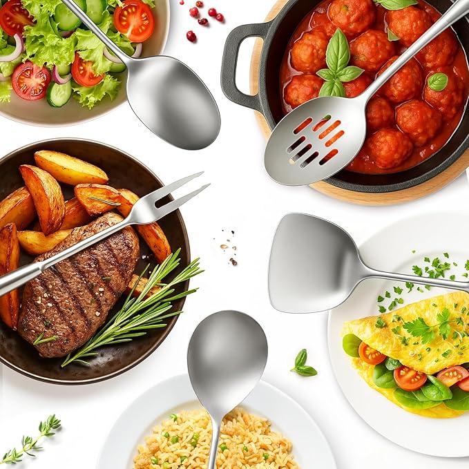 Newness 11 Pcs Cooking Utensils Set, 304 Stainless Steel Kitchen Utensils Set, Metal Kitchen Accessories, Include Soup Ladle, Slotted Skimmer Spoon, Spaghetti Spoon and Spatula, Dishwasher Safe