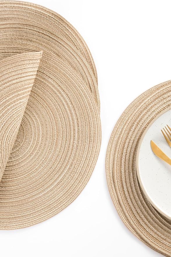 Floroom 15 Inch Round Braided Placemats Set of 4, Washable Heat Resistant Cotton Polyester Circle Place Mats for Kitchen Dining Table - Dunes Khaki