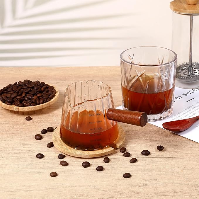 4 Pcs 6 Oz/180 ml Espresso Shot Glass with Wood Handle, Espresso Accessories, Single Spouts Milk Frother Measuring Cup with Clear Scale Heat Resistant for Coffee Milk Tea Syrup