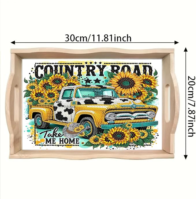 BAYUNOE DIY Diamond Serving Tray Rectangular Breakfast Tray with Handle Handmade Diamond Art Painting Wooden Tray Spring Creative Dinner Plate Coffee Room Living Home Organizer-Sunflower Car