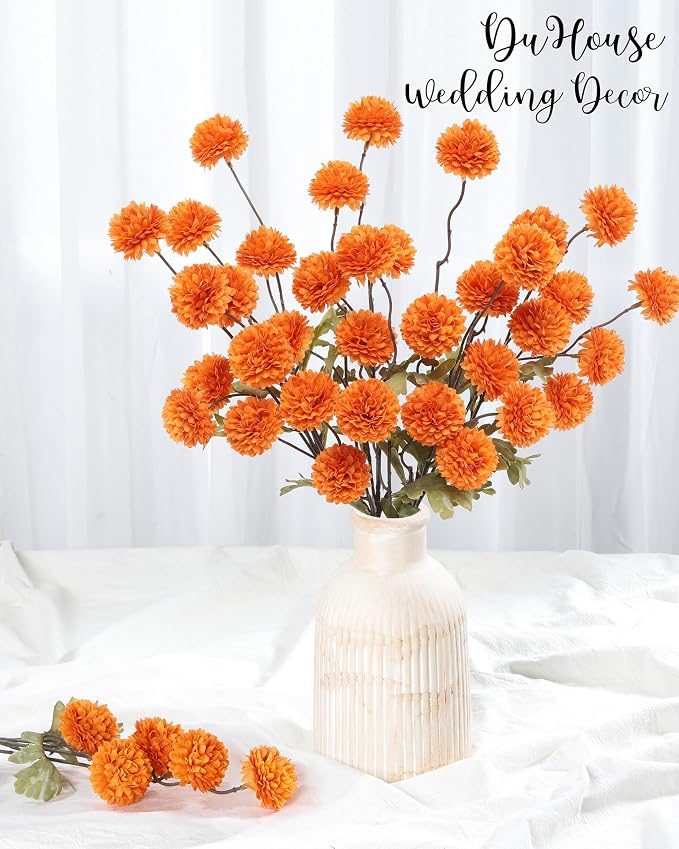 DuHouse 6pcs Artificial Flowers Faux Silk Pompon Mum,Silk Small Mini Chrysanthemum Ball with Stems for DIY Bouquets Centerpieces Vase Home Table Kitchen Decorations(Orange)