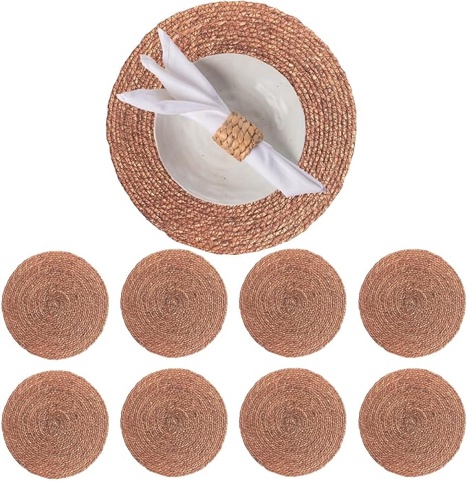 Laquedecraft 13.8" Set of 8 Round Brown Seagrass Placemats | Boho Woven Rattan Table Mats | Farmhouse Wicker Spring Corn Husk Plate Chargers (Brown)