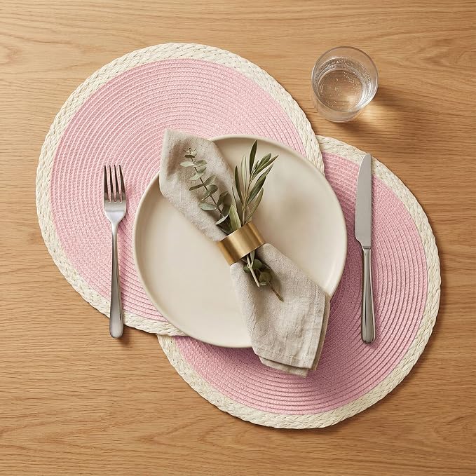 Noctiflorous Braided Round Placemats Set of 6, 15 Inch Woven Table Mats, Non-Slip Washable Place Mats for Kitchen Dining Table Decor (Mint Pink, 6)