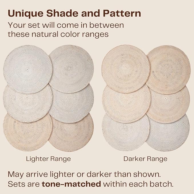 6-Pack Rattan Placemats - 13-inch Round Placemats (Whitewash) - Woven Place Mats, Round Table Mats - Wicker Chargers for Dinner Plates, Plate Chargers Boho