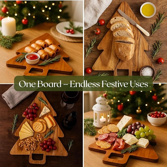 Aurah Acacia Wood Christmas Tree Cutting Board 14x11 Inch - Chopping Board with Handle, Xmas Cheese Appetizer Tray, Wooden Decorative Serving Platter for Kitchen & Holiday Party