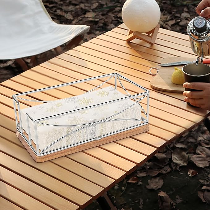 Livabber Guest Napkin Holder, Metal Bathroom Paper Hand Towel Storage Modern Napkin Tray Caddy for Countertop, Table Kitchen, Dinning Room (Chrome, Wooden Base)