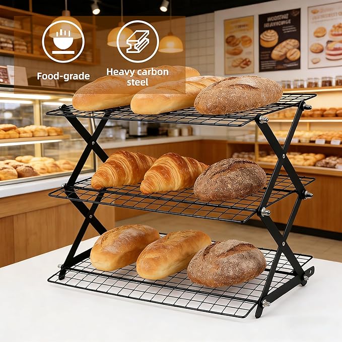 3 Tier Collapsible Cooling Rack with Adjustable 6 Setting Design stackable wire rack for baking sheet for Cookies Baking Gifts for Women (Black, 3-Tier)