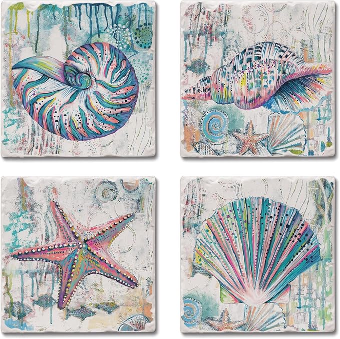 Thirstystone Jewels of The Sea 4 Pack Assorted Tumbled Tile Stone Coasters with Protective Cork Backing Manufactured in The USA Absorbent Easily Wipes Clean