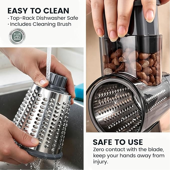 HANSGO Rotary Cheese Grater Hand Crank, Shredder Slicer Grinder, 3 Large Diameter Metal Blades & Cleaning Brush, Non-slip Suction Base, Labor-Saving Handle, Kitchen Gadgets for Cheese, Vegetable, Nuts