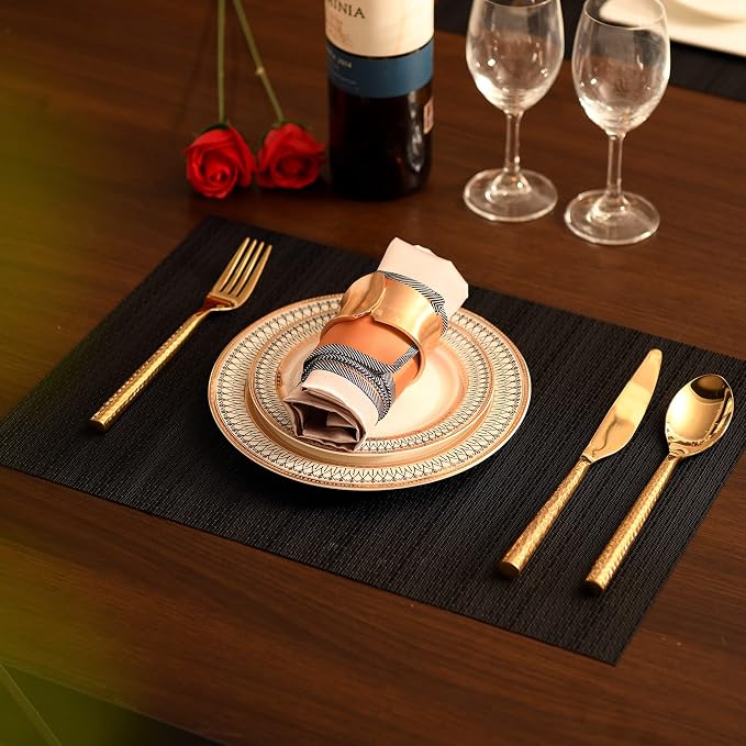 SLKQG Black Placemats Set of 6 - Easy Clean Washable Vinyl Placemats - Wipeable Heat Proof Table Mats for Dining Table - 17x12 Inch (Pure Black, 6)