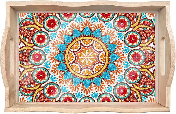 Generic DIY Diamond Serving Tray Rectangular Upgrade Increase Breakfast Tray with Handles Handmade Diamond Art Painting Wooden Tray Dinner Plate for Coffee Living Room Home Organizer-Mandala02