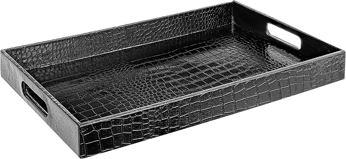 Black Leather Serving Tray with Handles, Glossy Faux Crocodile Print, 17.5x12 Food Drinks Tray for Coffee Table, Breakfast, Dinner & Bar, Decorative Storage Tray for Ottoman, Kitchen, Bedroom, Gift.