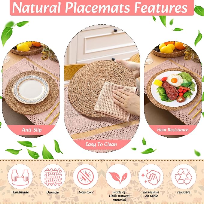 Boho Placemats 4/6/8 Set of Round Woven Placemat Macrame Style Bicolor Stitching Long Table Runner Farmhouse Rustic Natural Burlap Cotton for Kitchen Dining Table(6 Sets,Pink,12x72)