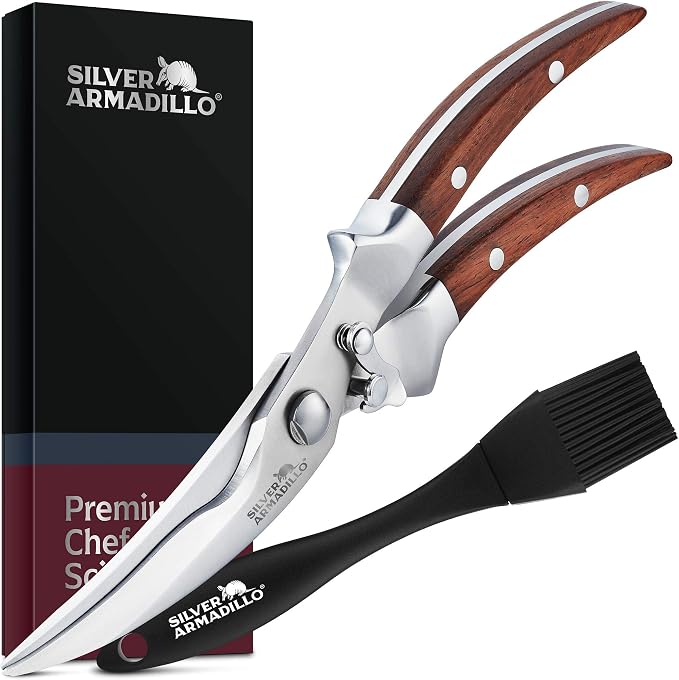 Heavy Duty Poultry Shears - Professional Stainless Steel Kitchen Scissors for Bone, Chicken, Meat, Fish & Vegetables - Spring Loaded (Brown Wood Handles)