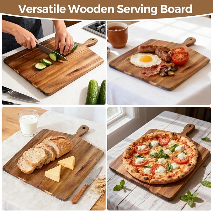 S310 Acacia Wood Cutting Board with Handle, Wooden Chopping Board for Meat, Cheese, Bread & Vegetables, Decorative Charcuterie Serving Board for Kitchen Cooking, Pizza & Party Dining, 17"x13"