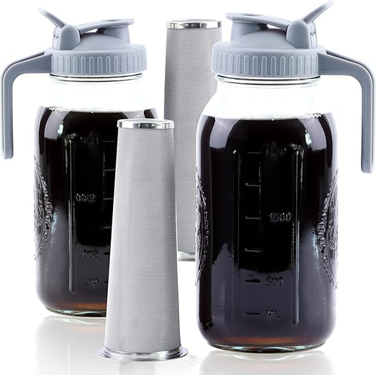 Cold Brew Coffee Maker 64 Oz Mason Jar Cold Brew Pitcher With Strainer 2 Set Half Gallon Wide Mouth Glass Iced Coffee Maker With Spout Lids 2 Quart Glass Pitcher For Fridge, Lemonade, Cold Brew