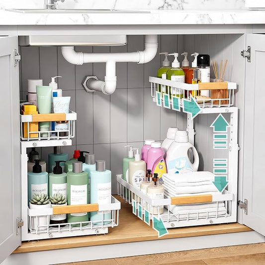 Under Sink Organizer, 2 Tier Pull Out Cabinet Organizers and Storage for Kitchen Bathroom Pantry Laundry, Adjustable Height, Slide Out Thickened Metal Storage Shelf (White, 1 Pack)