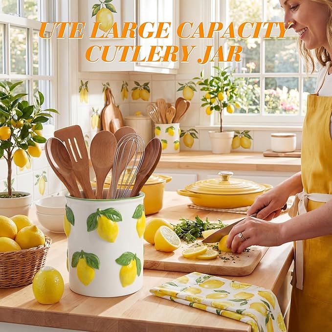 LemonRoad Lemon Utensil Holder for Kitchen Counter,Ceramic Cooking Utensil Crock Modern Farmhouse Countertop Organizer for Spatula Ladle Kitchen Counter Decor