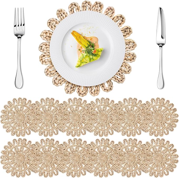 Set of 12 Ruffled Woven Corn Husk Placemats 11.8'' Boho Farmhouse Placemats for Tabletop Decor Elegant Dining Wedding Christmas Thanksgiving Day Holiday Dinner Party Housewarming Gifts Daily